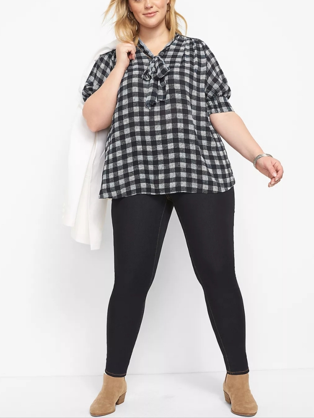 Lane Bryant Puff Sleeve Gingham Tie-Neck Blouse #3568